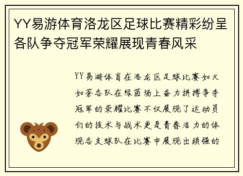 YY易游体育洛龙区足球比赛精彩纷呈各队争夺冠军荣耀展现青春风采
